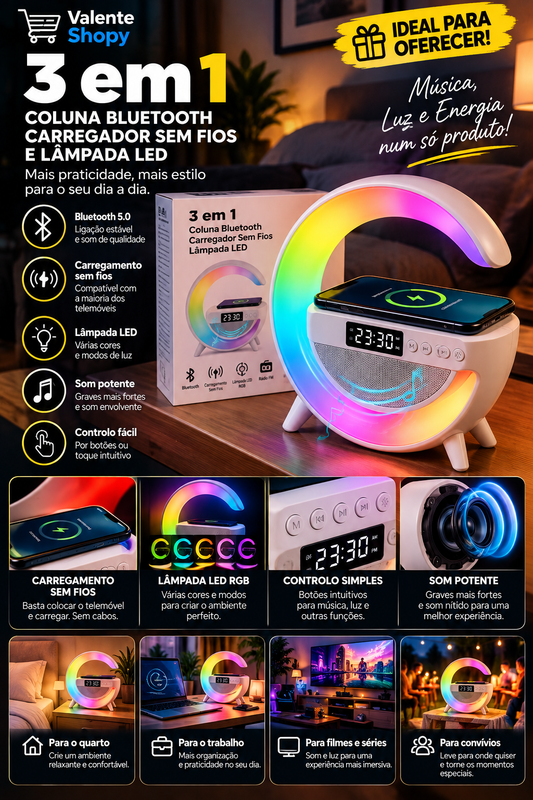 💡 Lâmpada LED Inteligente em "G" com Som HD e Carregador por Indução 🚀