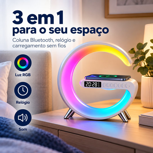 Coluna Bluetooth 3 em 1 com Carregamento Sem Fios e Luz LED RGB