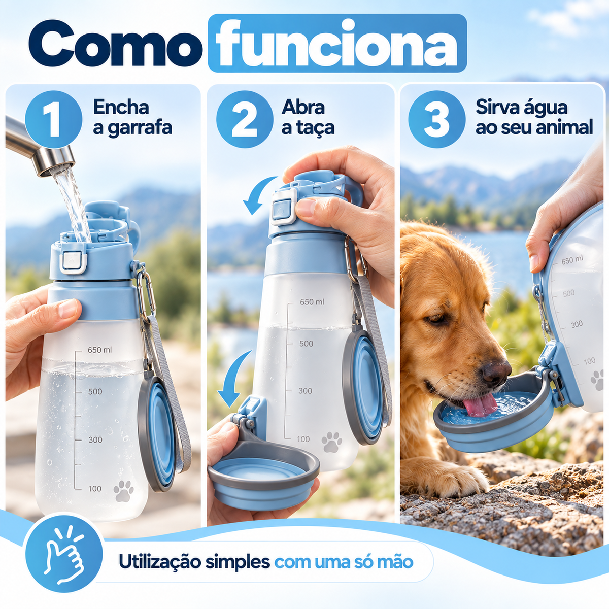 Garrafa Portátil para Cães e Gatos com Taça Dobrável 650 ml