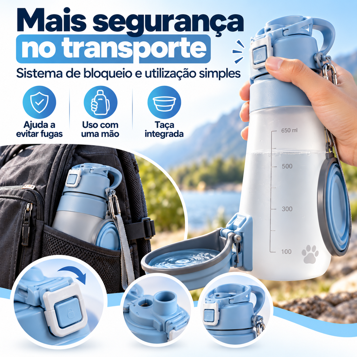 Garrafa Portátil para Cães e Gatos com Taça Dobrável 650 ml