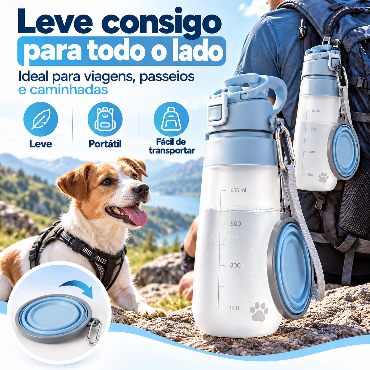 Garrafa Portátil para Cães e Gatos com Taça Dobrável 650 ml