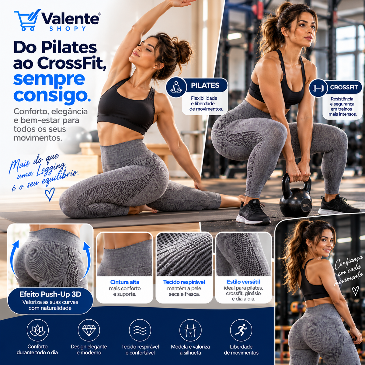 Leggings Push Up Anticelulite 3D Cinzento (Tamanho M = M/L)