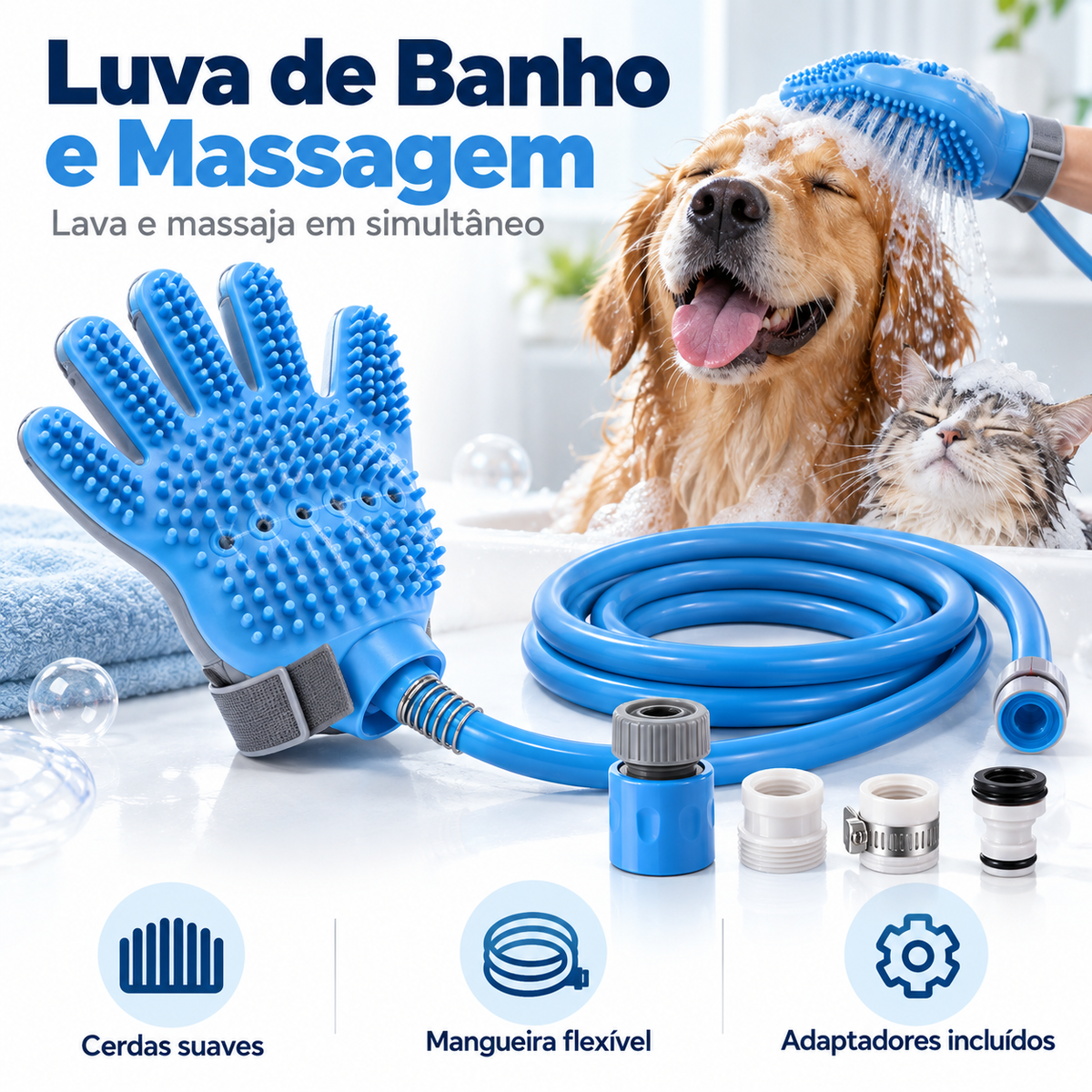 Luva de Banho para Animais com Mangueira — Lava e Massaja em Simultâneo
