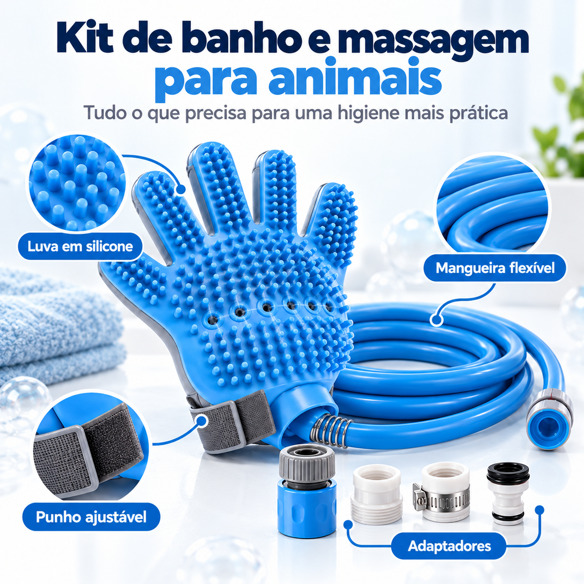 Luva de Banho para Animais com Mangueira — Lava e Massaja em Simultâneo