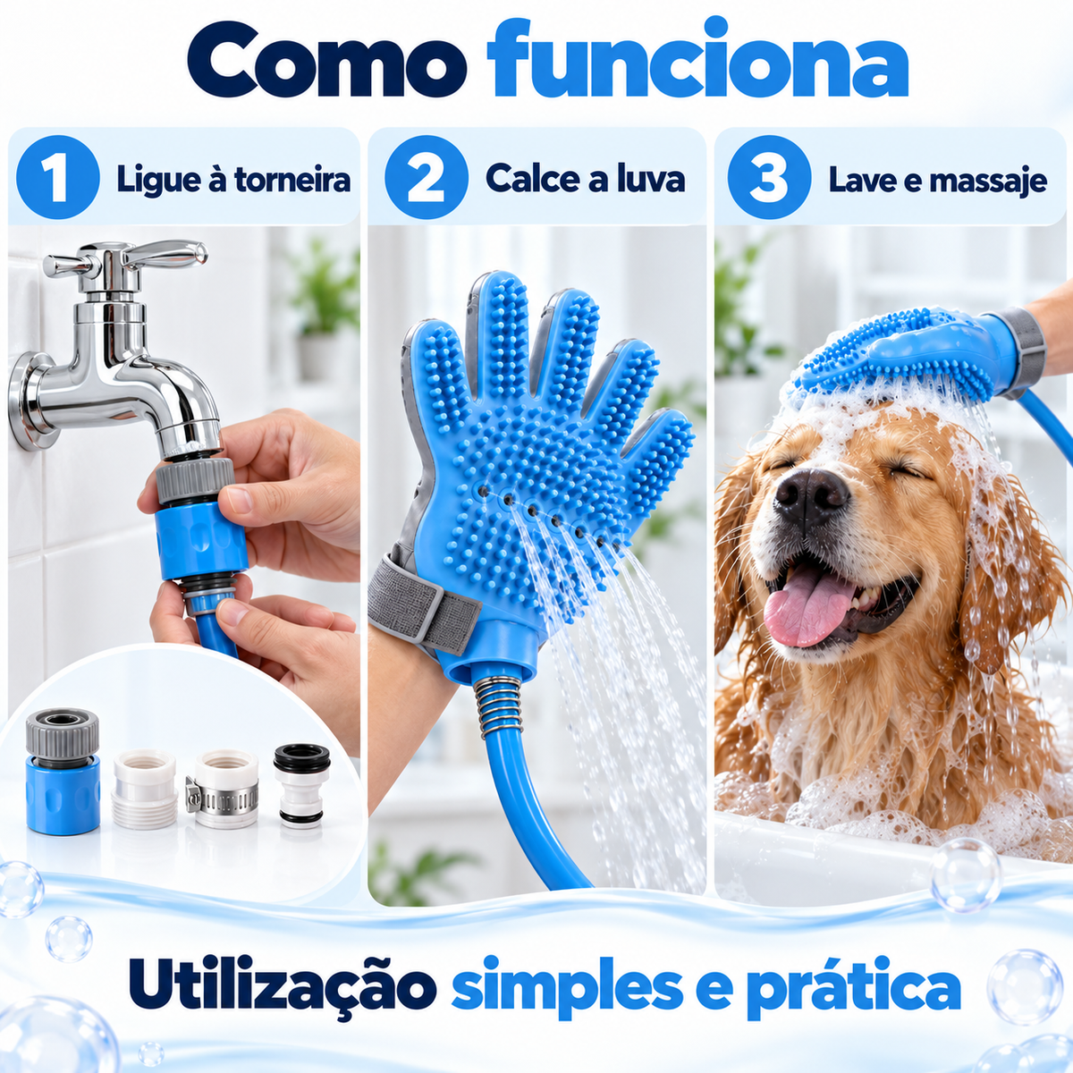 Luva de Banho para Animais com Mangueira — Lava e Massaja em Simultâneo