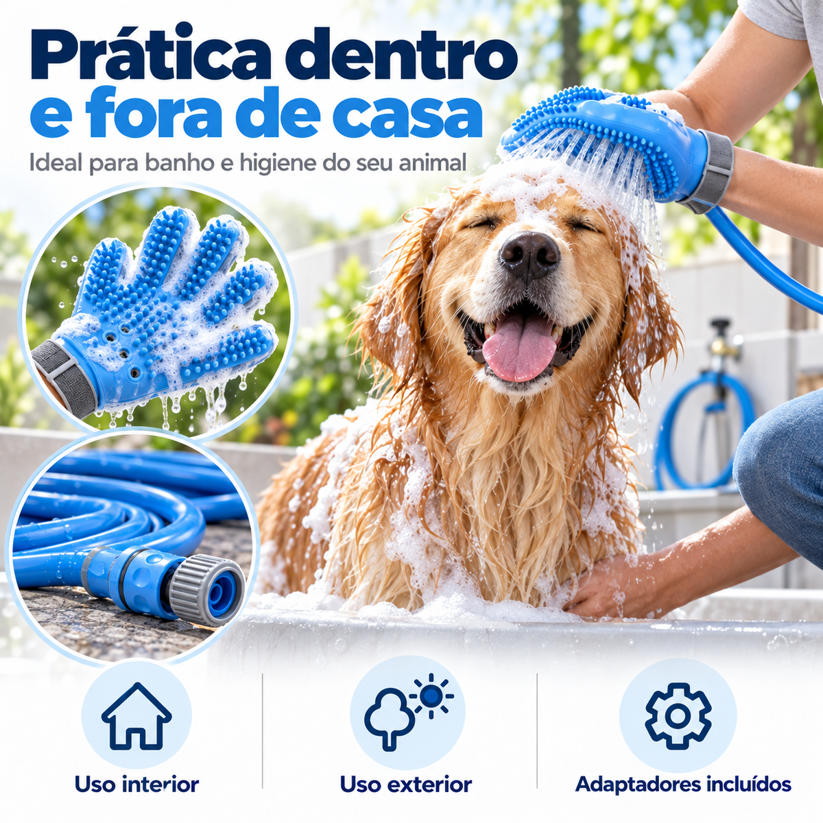 Luva de Banho para Animais com Mangueira — Lava e Massaja em Simultâneo