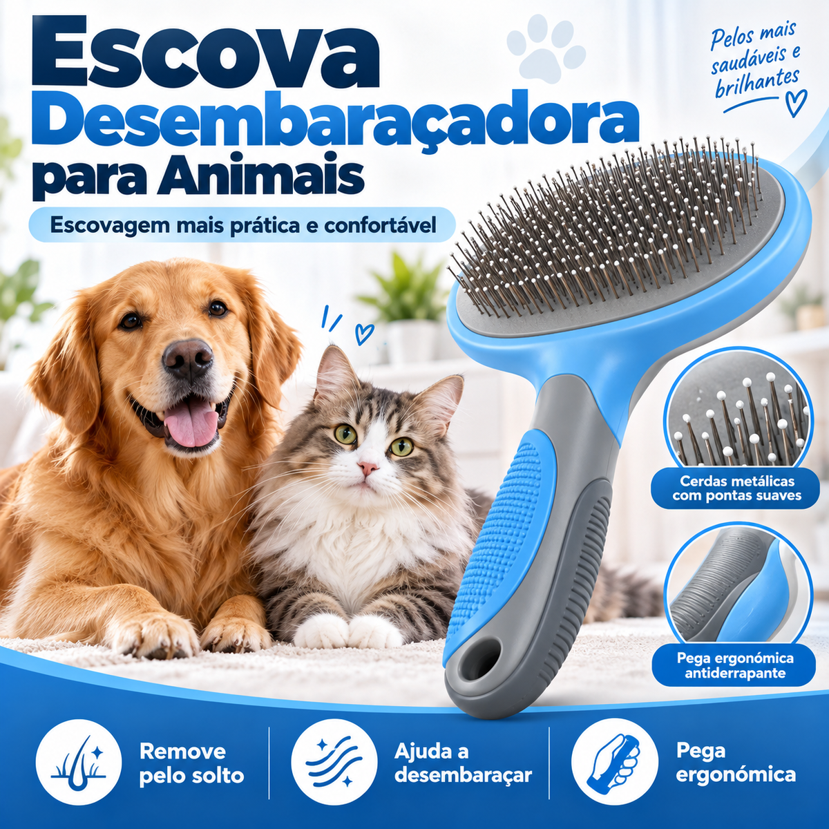 Escova para Animais com Remoção de Pelo Solto e Limpeza Fácil