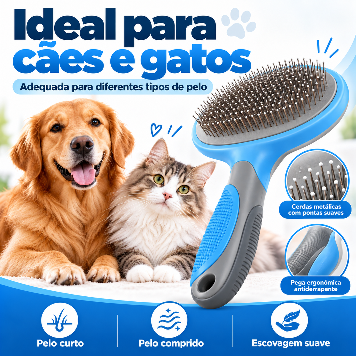 Escova para Animais com Remoção de Pelo Solto e Limpeza Fácil