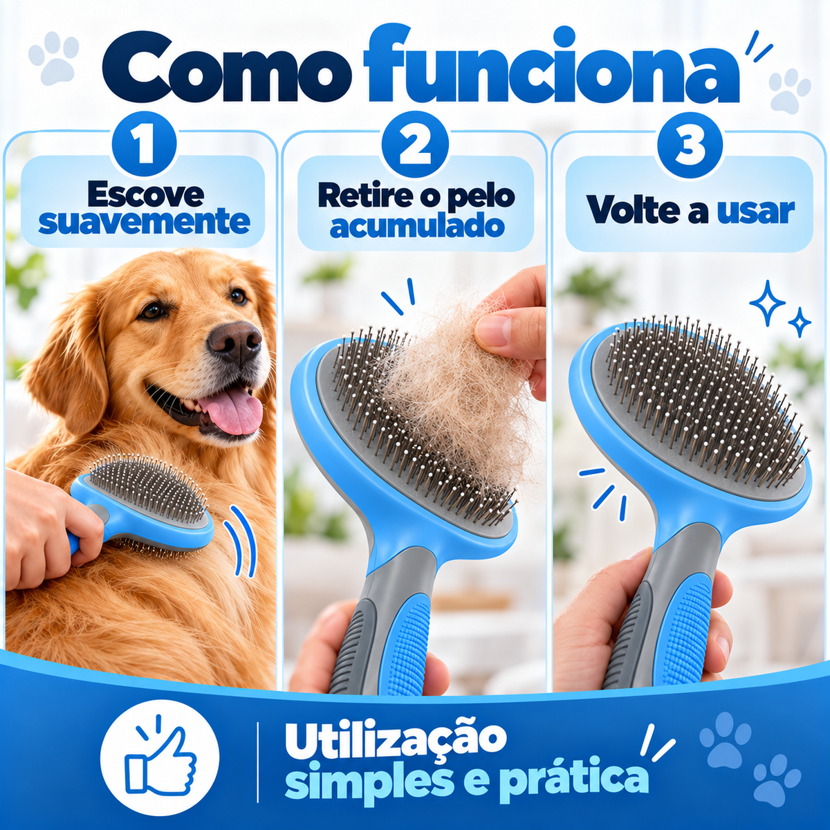 Escova para Animais com Remoção de Pelo Solto e Limpeza Fácil